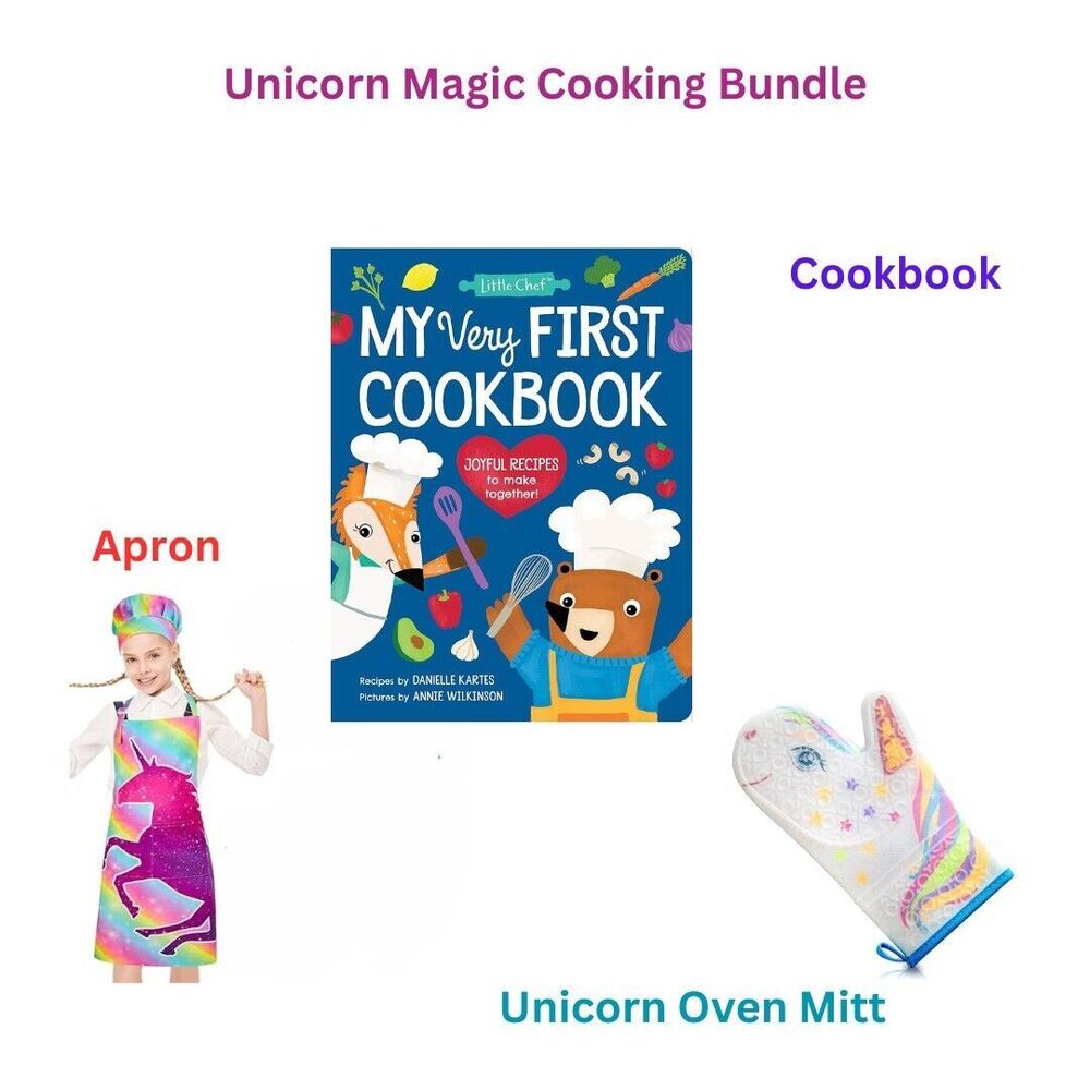 Unicorn Magic Cooking Bundle: Apron, Cookbook, & Glittery Unicorn Oven Mitt